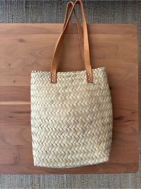 Woven Tote Bag with Leather Handles